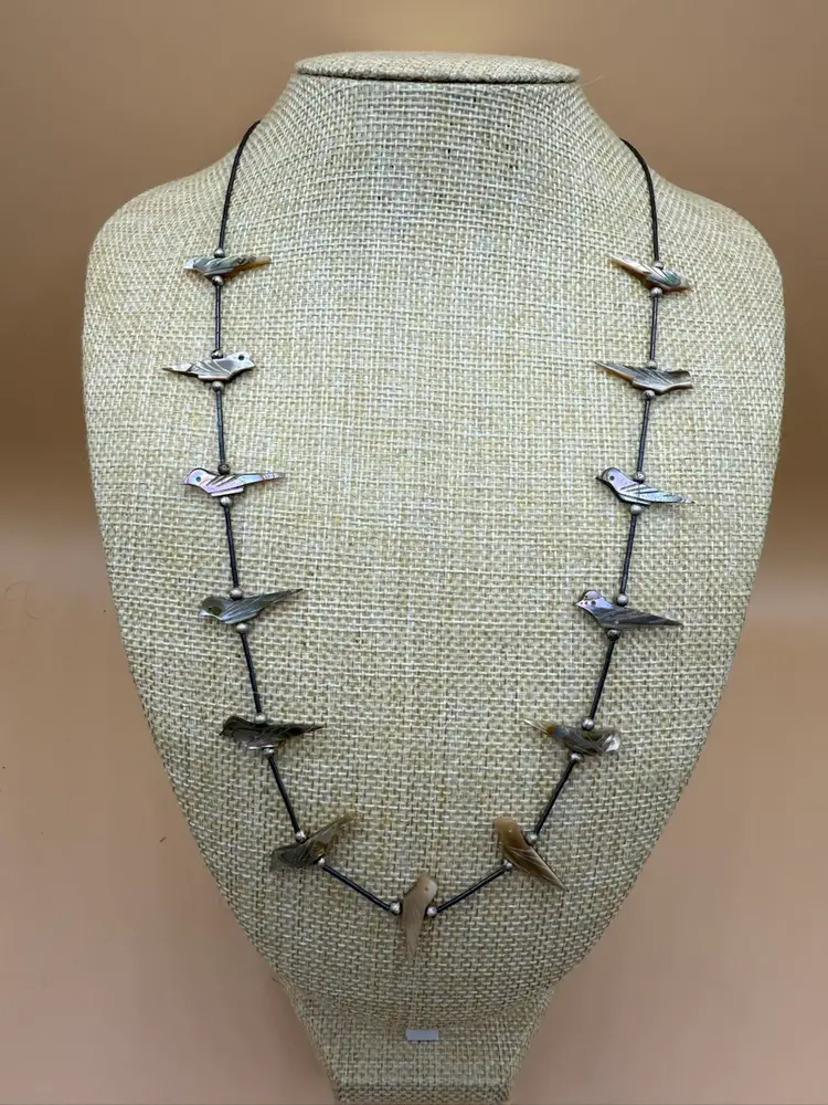 Native American Sterling Silver And Mother Of Pearl 13 Bird Fetish Necklace 24”