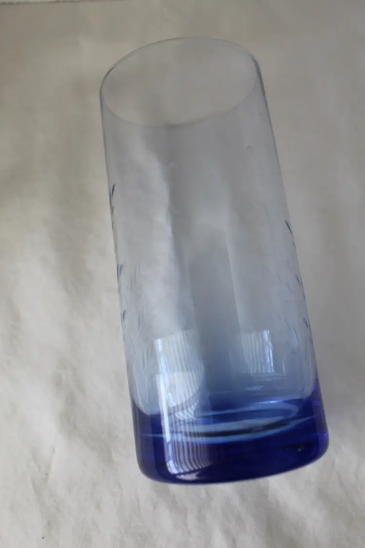 Vintage Blue Glass Tumblers Etched Wheat Drinking Glasses 18 oz Set of 4