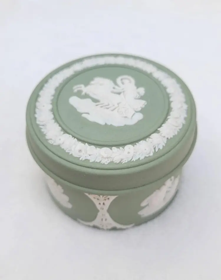 Vintage Wedgwood Sage Green Jasperware Aurora Chariot Round Trinket Jewelry Box