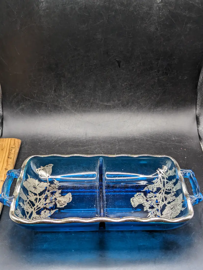 Vintage Silver City Glass Company Dish Featuring a "Flanders Poppy" Silver Overlay Design on Peacock Blue Glass