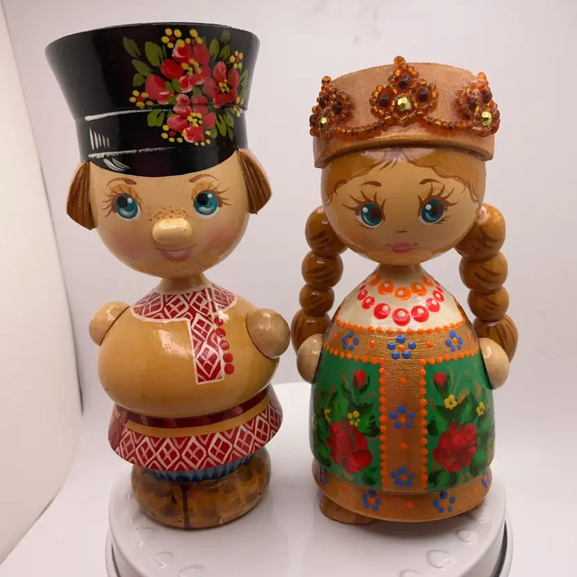 Hand Painted Wood Figurines Boy Girl Russia? 4.5”