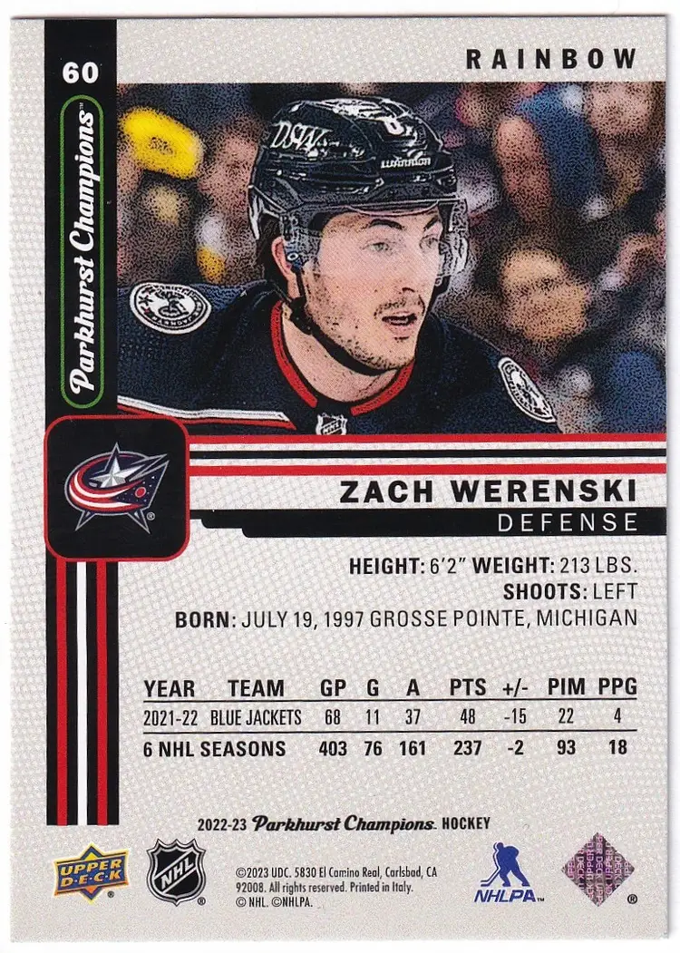 2022-23 Parkhurst Champions Rainbow #60 Zach Werenski Columbus Blue Jackets Hockey Card