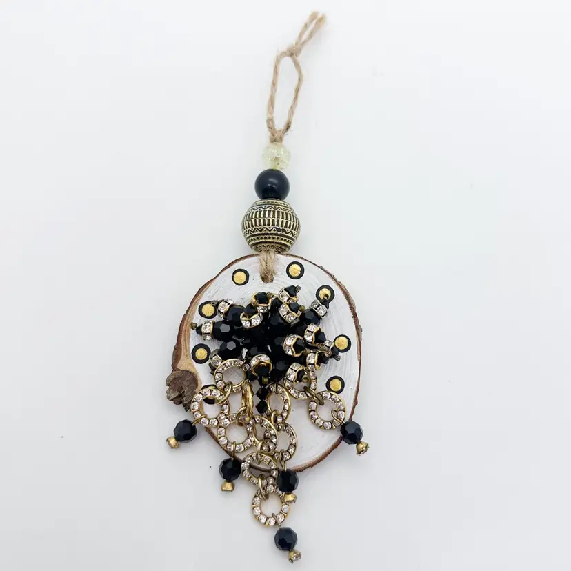 Beaded Black Gold Handmade Bauble Ornament Repurposed Jewelry