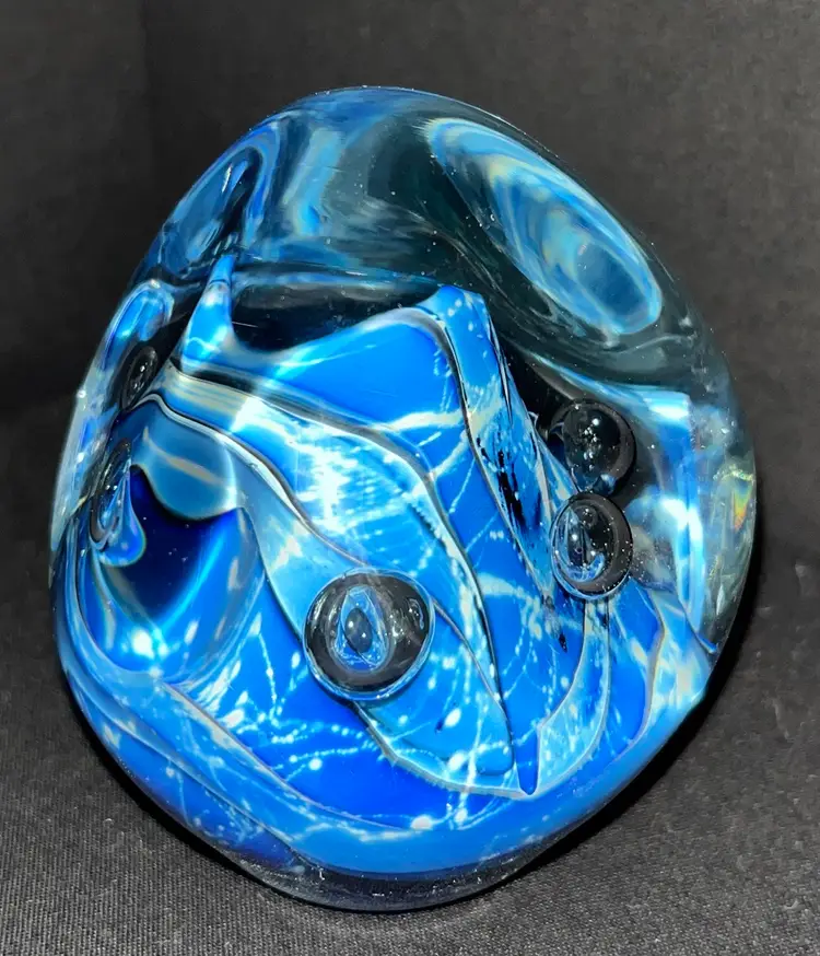 Robert Eickholt Art Glass Blue Swirl Paperweight Signed 2000