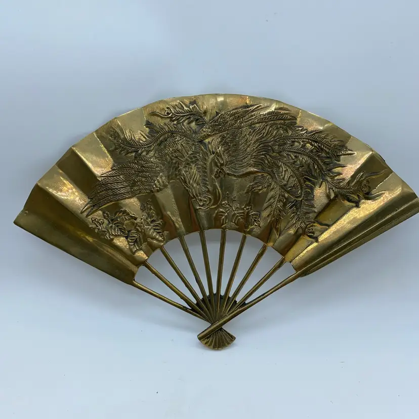 #3513a Vintage solid brass decorative fan with dragon and floral relief.