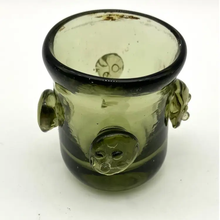 BIN - Hand blown Olive Green Jamestown Glass Shot Glass With Raspberry Prunts 1 7/8”