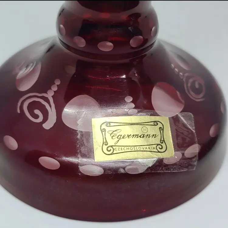 Egermann Bohemian 2 Vtg Ruby Red Crystal Cut To Clear 7” Candle stick Taper Holder Czech