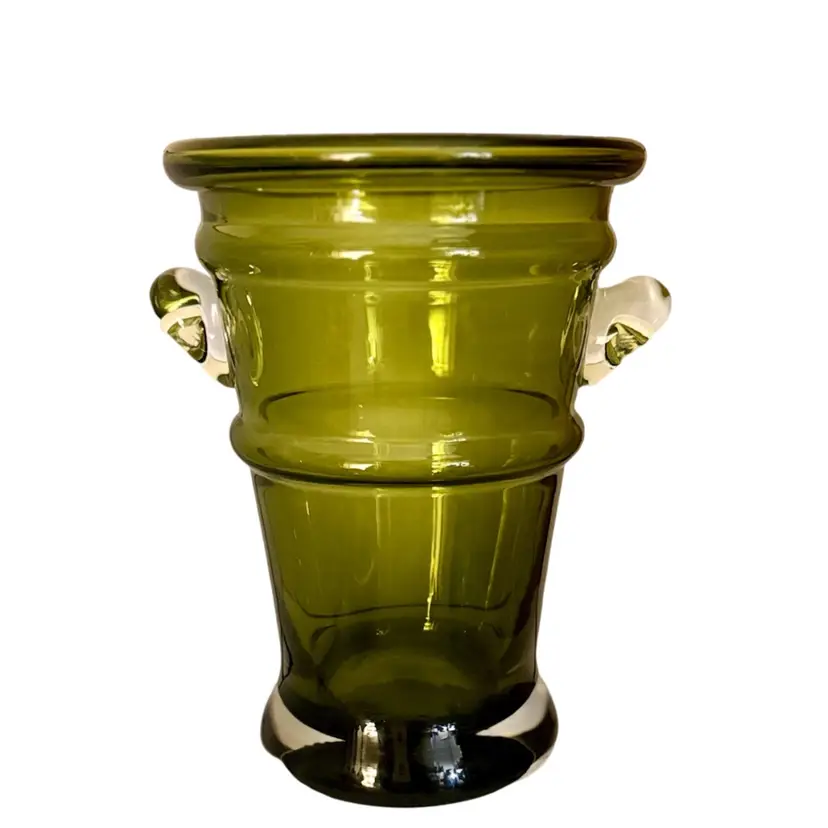 Crate & Barrel Glass Vase/Champagne Bucket Green Olive W/Clear Handles & Base Poland
8-1/2” T x 6-1/4” W