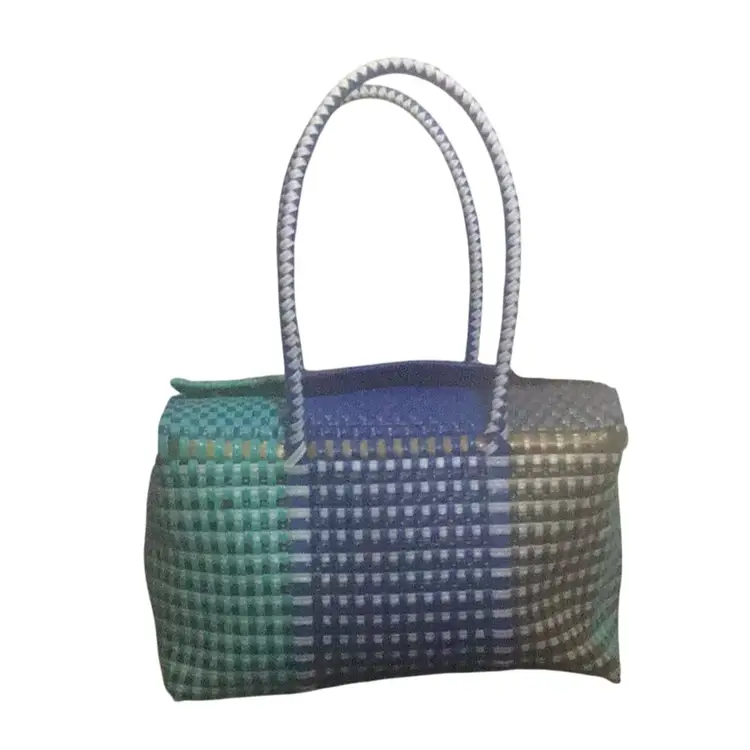 Blue Woven Beach Tote With Magnetic Closure
