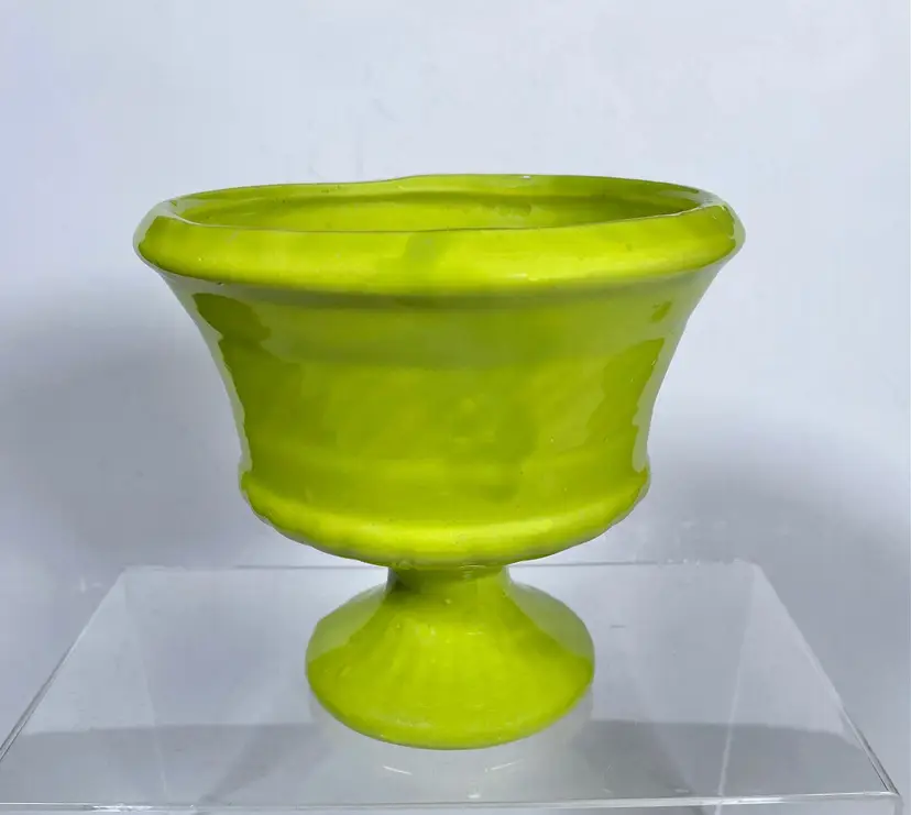 *VTG* Haeger Round Ceramic Bright Green Pedestal Vase Flowers Floral Planter 5"