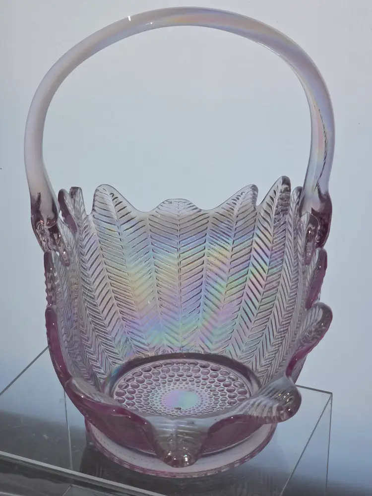 L.E Smith pink iridescent glass basket