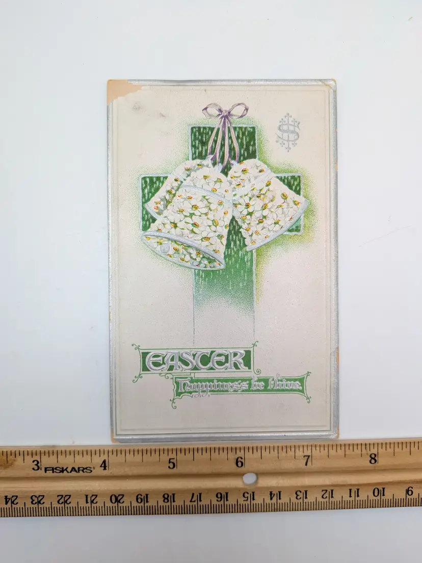 E41. ANTIQUE POSTCARD EASTER HAPPINESS BE THINE F & CO NY CROSS DOLLAR SIGN BELLS CHRISTIAN RELIGIOUS