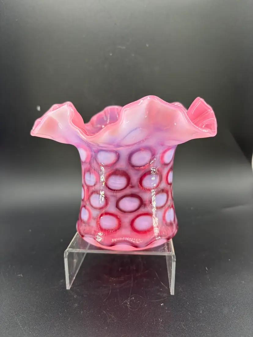 Vintage Fenton Cranberry Coin Dot ruffled vase