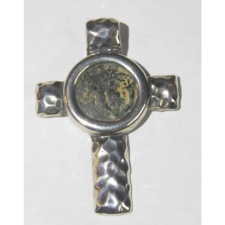 Authentic Ancient Widow's Mite Coin, in Sterling Silver Cross Pendant, Made In Israel