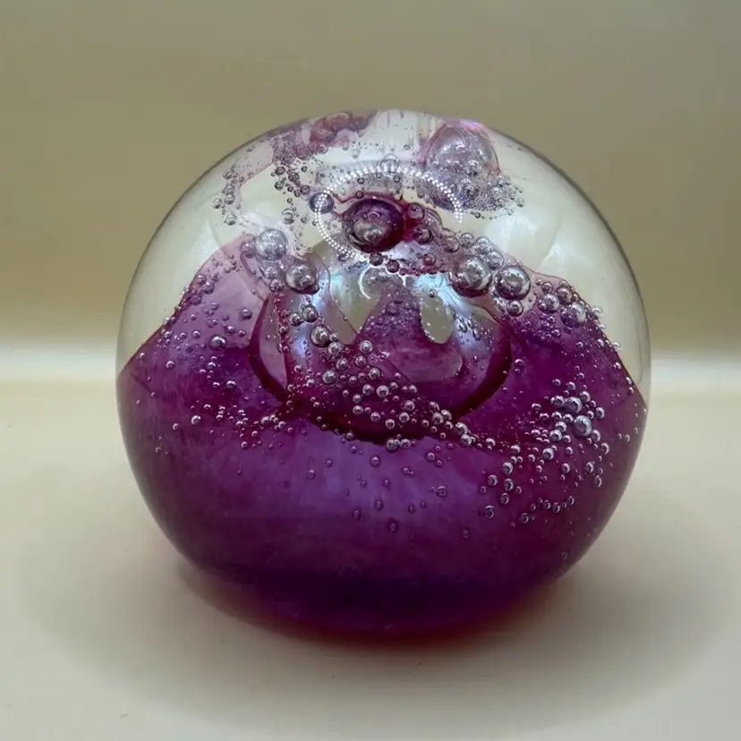 Caithness Scotland Pink βFireballβ Etched & Numbered Art Glass Round Paperweight 2.75β