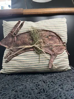 #01 Primitive Pillows w/ Old Tick Cloth Covering w/ Bunny