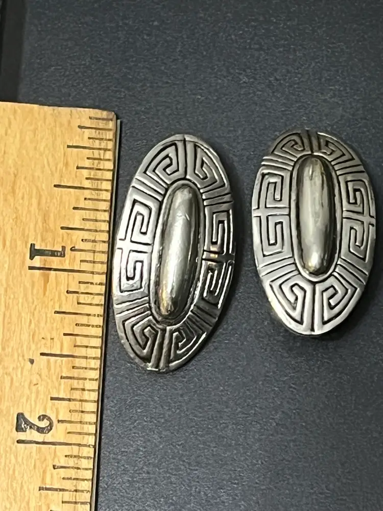 Vintage Silvertone Oval Greek Key Design Clip On Earrings