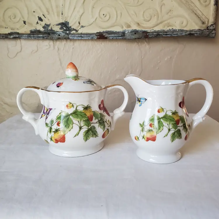 Ardalt Lenwile Sugar Bowl and Creamer Set with Butterflies, Strawberries, and Beetles.