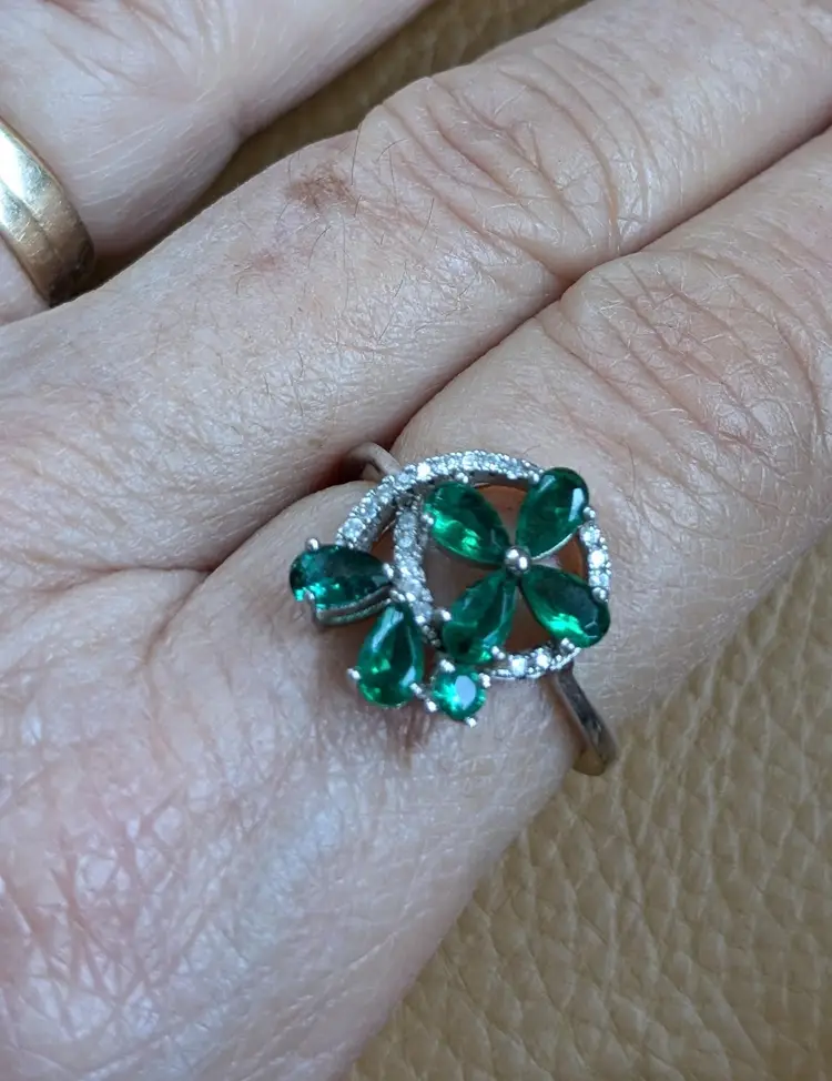 Vintage Sterling Silver Floral Ring in "Emeralds and Diamonds," Size 8