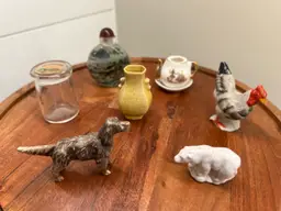 Vintage set of 7 Trinkets, chicken, dogs, jars, polar bear,