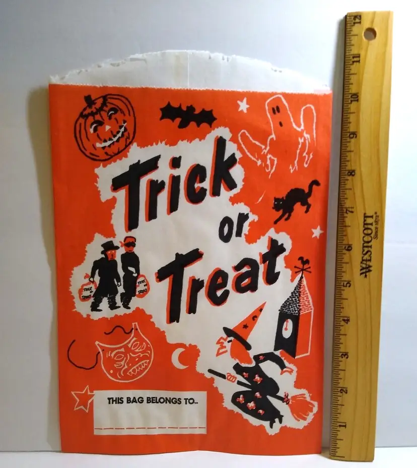 Rare Large 11" Halloween Trick Or Treat Paper Candy Loot Bag Clever Idea Vintage