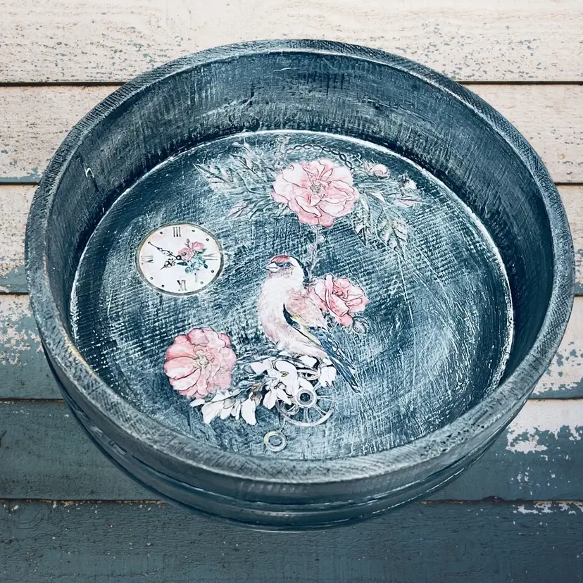 Made By Me
Upcycled Hand Painted Farmhouse Boho Country Cottagecore Wood Black Distressed Bowl Decor Floral Birds
