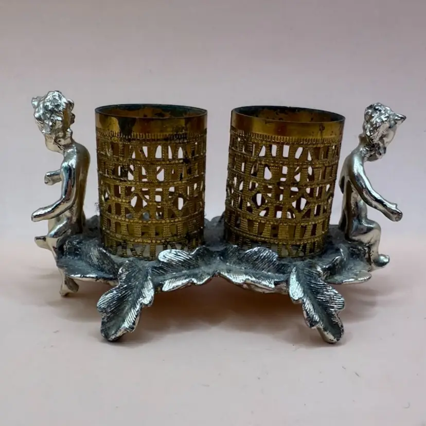 Sam Fink 50s Gold Filigree Silver Cherub Two Well Lipstick Footed Holder 3x1.5”