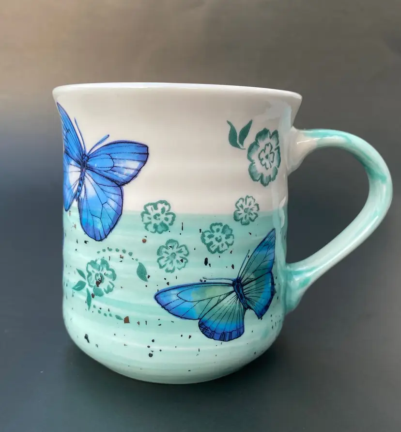 SHEFFIELD HOME Butterflies/Floral Coffee Mug Hand Painted White Blue Green 16 oz