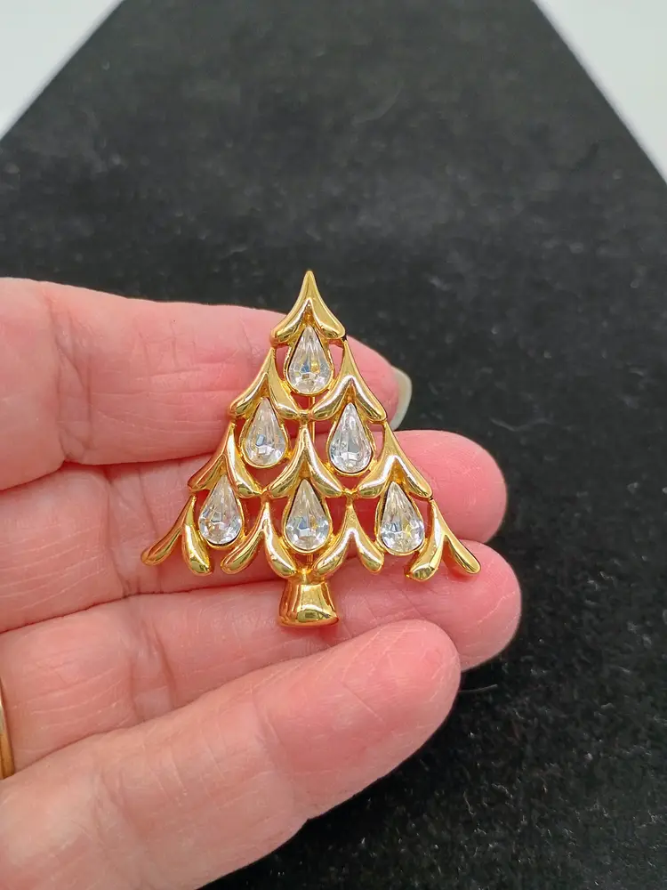 Napier Teardrop Shape Clear Rhinestone Shiny Gold Plated Christmas Tree Brooch