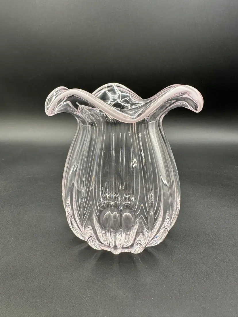Pale Pink Opalescent Rim Ruffle Satchel Vase 5”