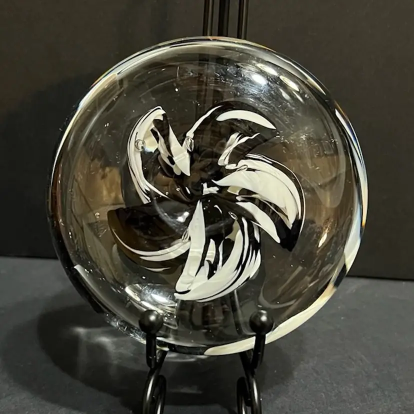 Black & White Floral Disc Paperweight *glows* ~1.25” x 4” diameter