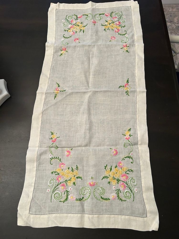 Vintage Hand, Embroidered Floral, Linen Table Runner, Or Dresser, Scarf