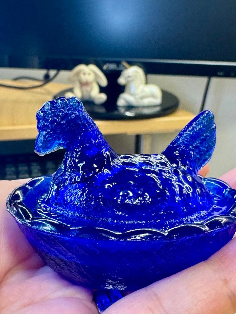 Mini Vintage Cobalt Blue Glass Hen, Miniature, French Country Cottage Farmhouse Decor