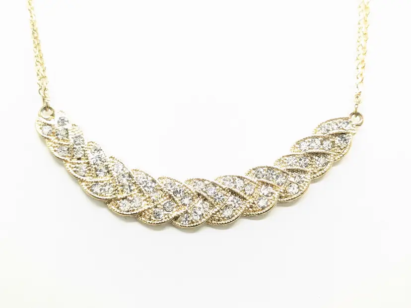 Gold Tone Braided Look Pendant with Rhinestones Double Strand Necklace