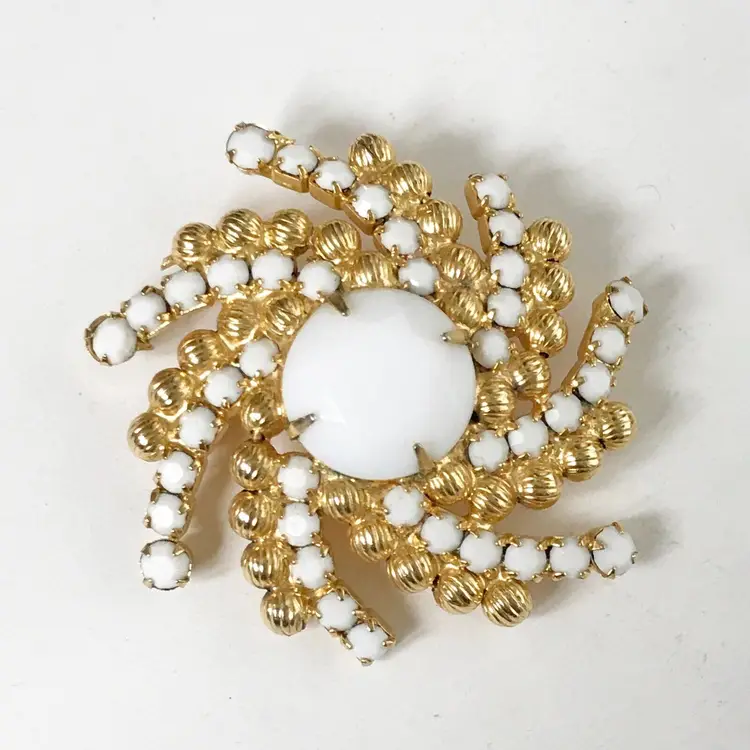 Vintage Prong Set White Milk Glass? Sun Swirl Gold Tone Brooch