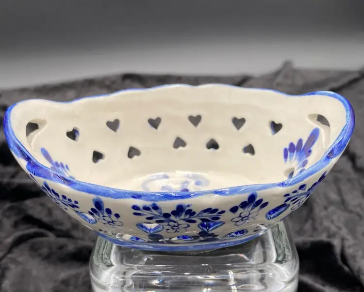 Vintage Delft Blue Dutch Oval Trinket Dish/Berry Bowl, Windmill Scene, Reticulated Hearts