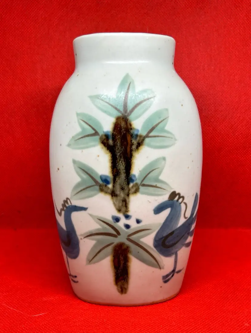Vintage Hand Painted Vase Milk  Jug Studio Artisan Pottery Blue Birds Japan