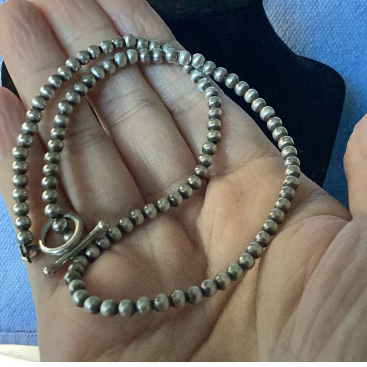 Sterling Silver Beads Necklace Toggle Clasp 16” Long 13grams