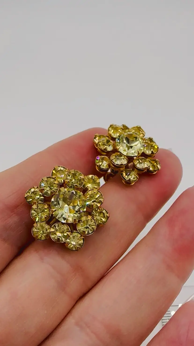 Vintage Pale Yellow Rhinestone Earrings-Screwback
