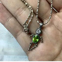 Silver Tone Necklace With Green And Clear Glass Birth Stone Boy/girl Pendant 16”