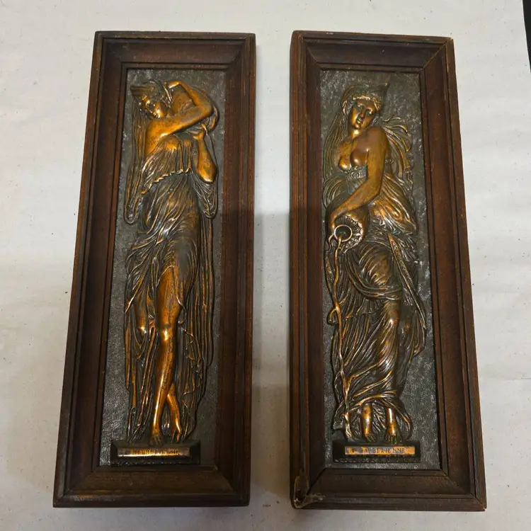 Antique F. Barbedienne Pair of French Bronze Resin Plaques Greek Maidens Framed