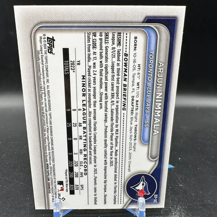 Arjun Nimmala 1st Bowman 2024 Bowman Chrome #BCP-142 Toronto Blue Jays