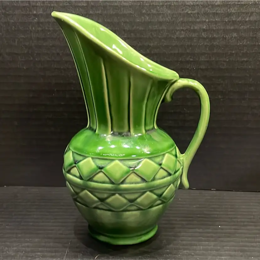 Vintage Shawnee Art Pottery Green Pitcher Vase #808 Diamond Design USA