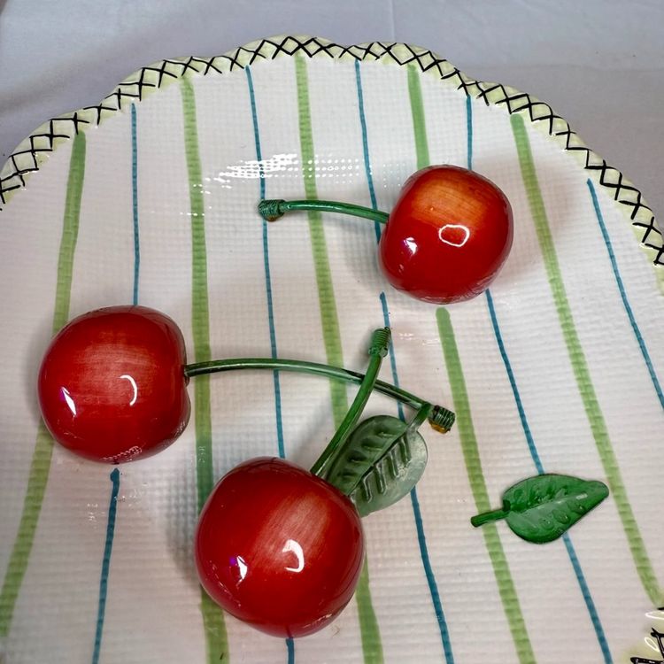 Large 8" MWW Market Cherry Pickin' Plate 3D Cherries Wall Hanging White Green Stripes Cottage Core
