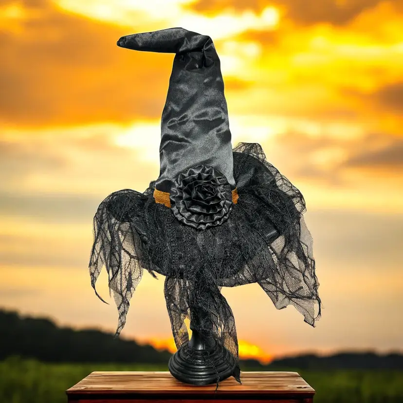 Halloween Decor Black Plush Witch Hat With Lace on Pedestal  20”