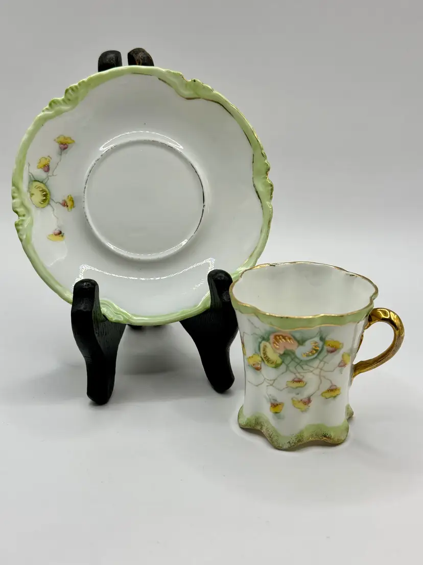 Vintage Floral Porcelain Demitasse Tea Cup & Saucer Set with Gold Accents, Delicate Hand-Painted Design, Unbranded