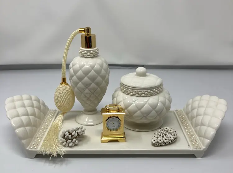 Vanity Vignette! Quilted Pattern Vanity Set (Tray 12” Long 4” Wide 2 1/2” Tall Atomizer Perfume Bottle 6” Tall 2 1/2” Wide Powder Box/Trinket Dish 4” Tall 2 1/2” Wide) Miniature Quartz Clock Working (1 3/4” Tall Just Over 1 1/4” Wide) Miriam Haskell Scarf Clip (1” Wide 1 3/4” Tall Needs Work) Vintage Milk Glass Screwback Earrings (1” Diameter)