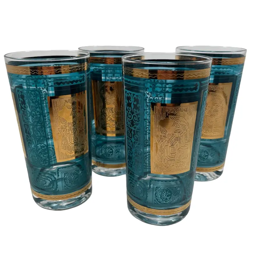 Set Of 4 Teal And Gold Flamingo Dancer Highball Glasses, MCM Barware