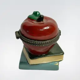 Vtg Ceramic apple & books ring or trinket box