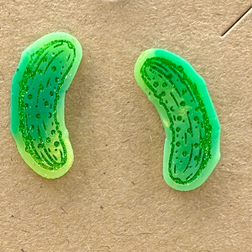 Shades Of Green With Shimmery Dark Green Accent Pickle Stud Earrings *GLOWS* Made By Me